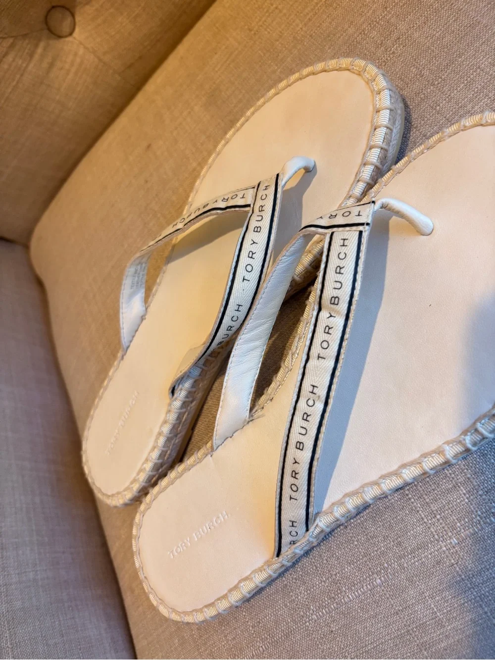 Tory Burch Cream Raffia-Trim Flip Flop Sandals